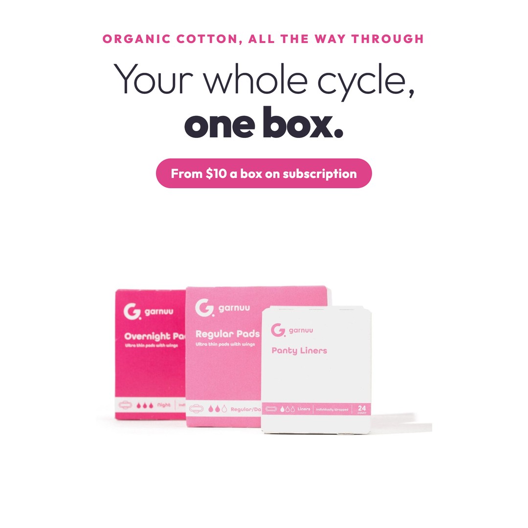 Your whole cycle, one box: Garnuu Overnight Pads, Regular Pads and Panty Liners, from $10 a box on subscription