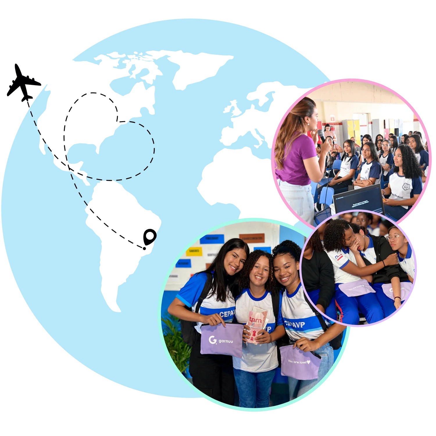 A globe with photographs from the Time for Girls Global mission trips